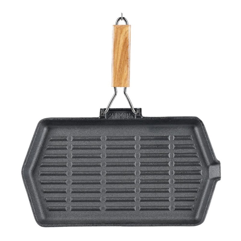 Malmist grillpann kokkuklapitava puidust käepidemega, 35x21 cm - 